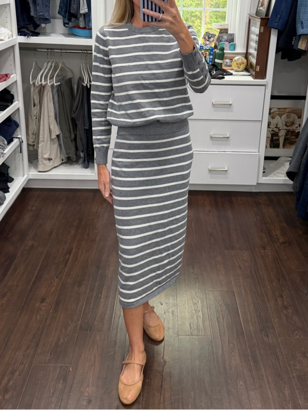 Amazon Gray & White Striped Knit Sweater & Skirt Set S
